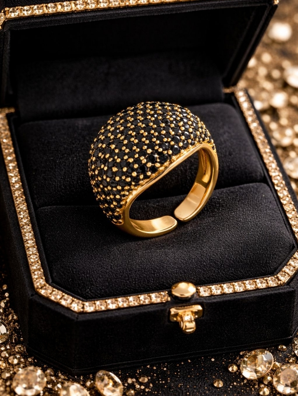 Gold Dome Ring with Black Pavé Accents - Women Jewelry